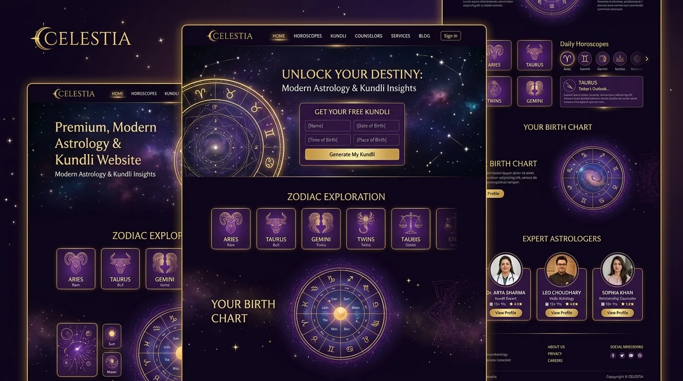 Astrology & Kundli Template preview showing zodiac signs