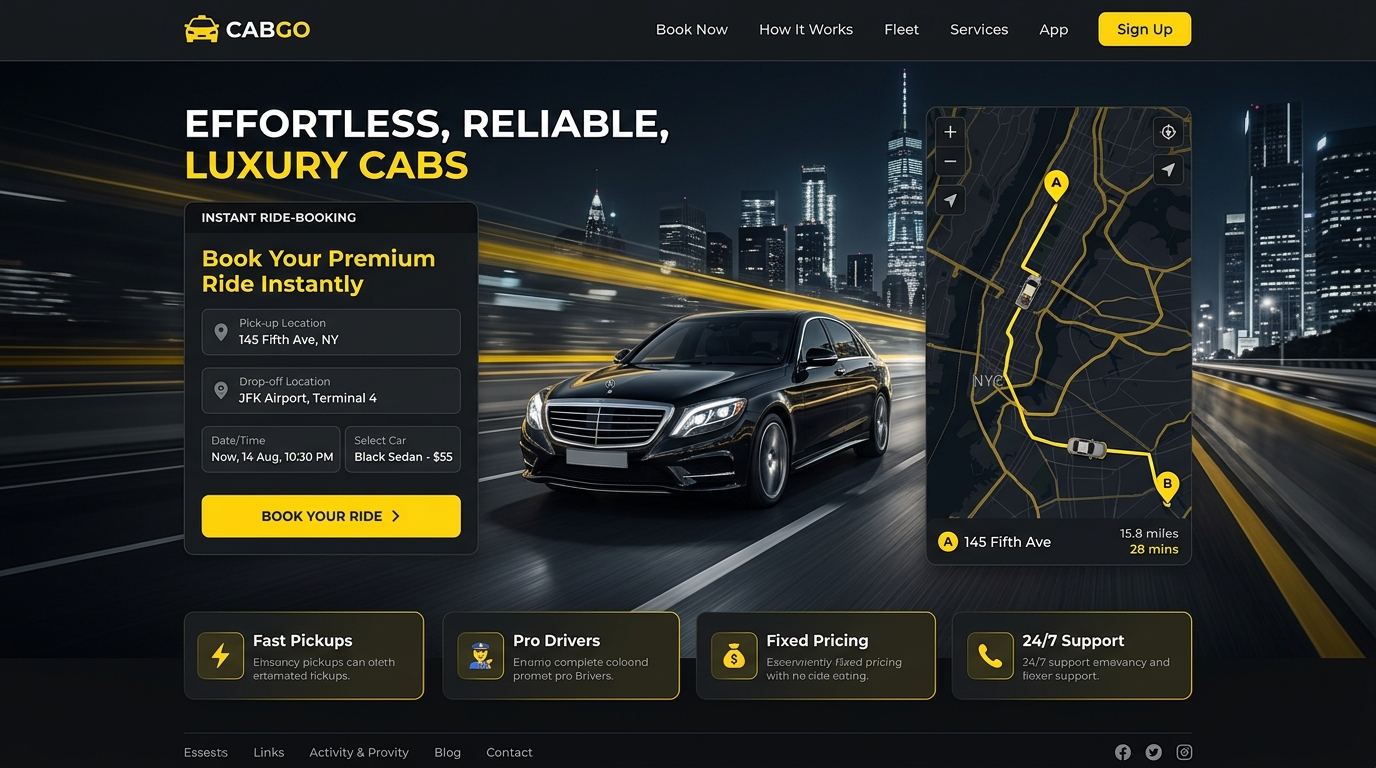 Cab Booking Landing Page preview showing car rates