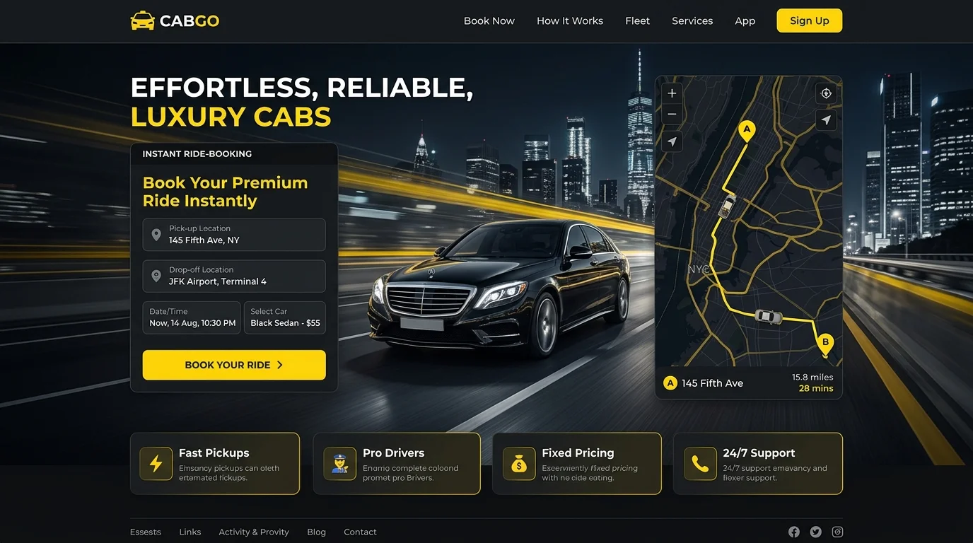 Cab Booking Landing Page preview showing car rates