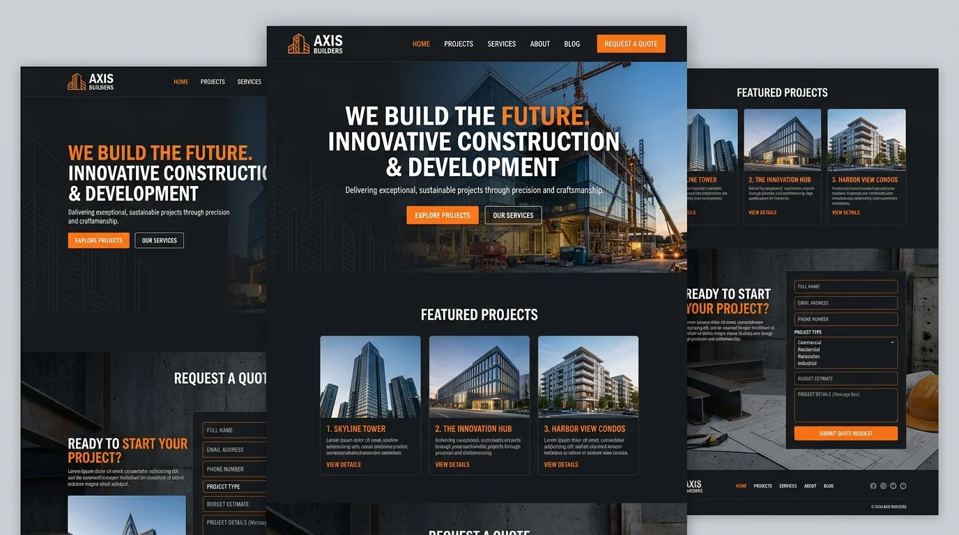 Construction & Builders Template preview showing project portfolio