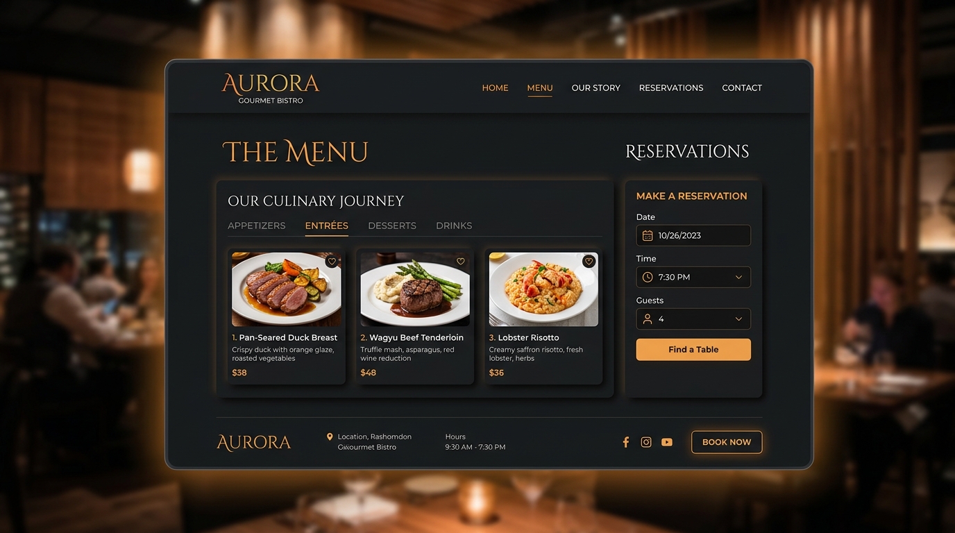 Bistro & Restaurant Template preview showing menu page